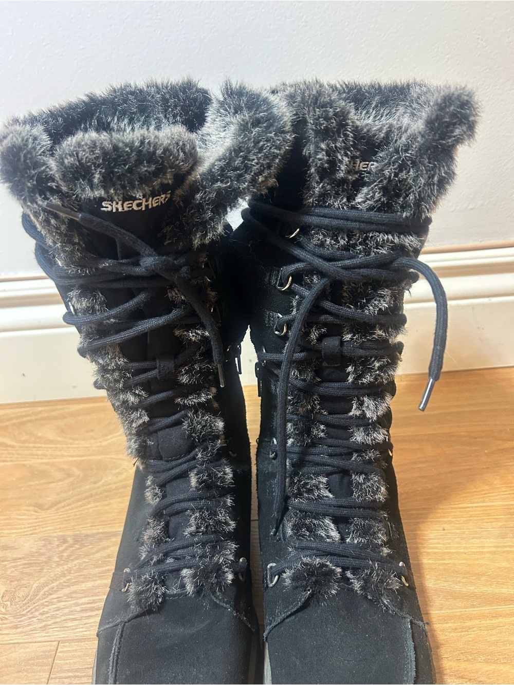 Skechers Black Suède Faux-Fur Lace-Up Tall winter Boots❤️9 - Picture 6 of 15